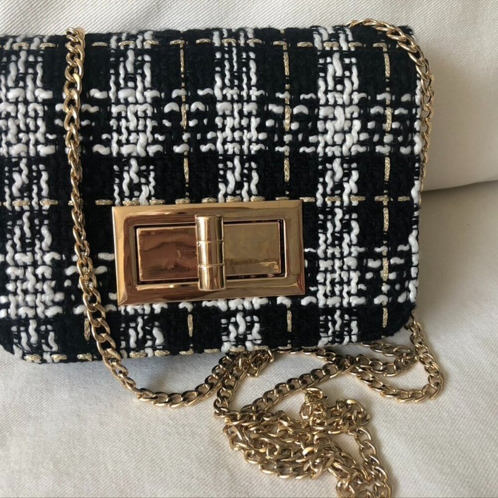 Black, white, & gold tweed shoulder bag